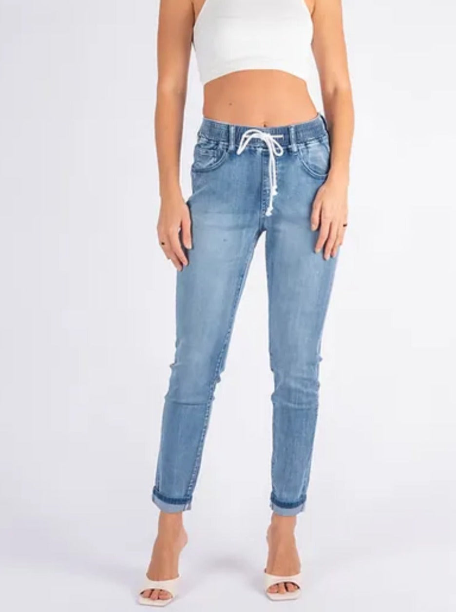 Morgan Pull On Jogger Jeans  - Blue Denim