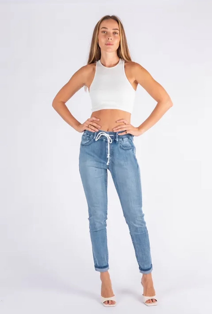 Morgan Pull On Jogger Jeans - Blue Denim