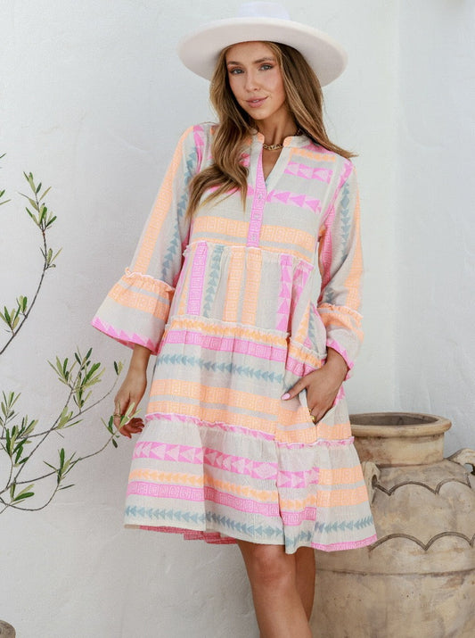 Pia Mediterranean Midi Cotton Dress - Pink Multi